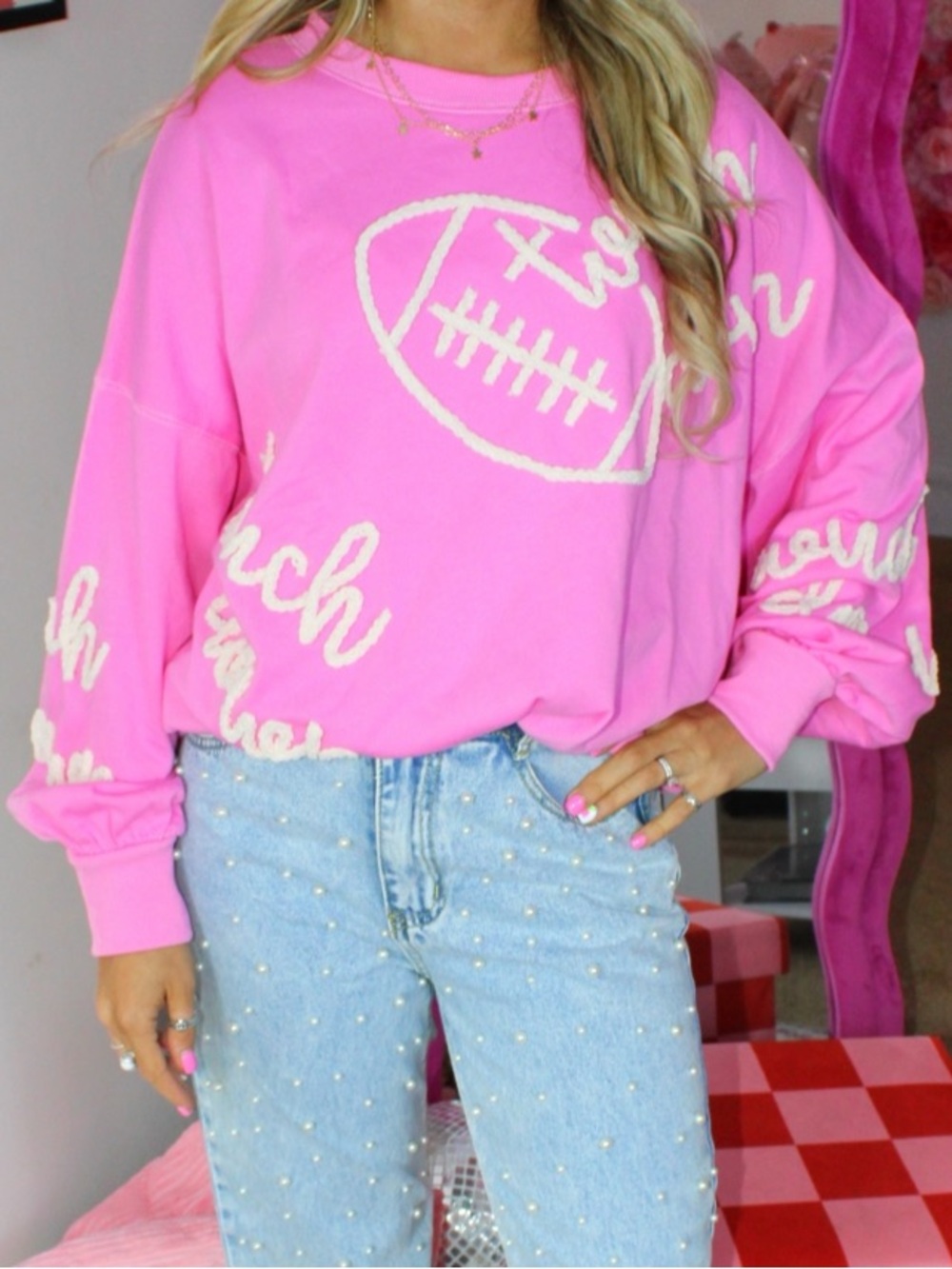 Peach Love California Pink Pullover with Rope Script Detail